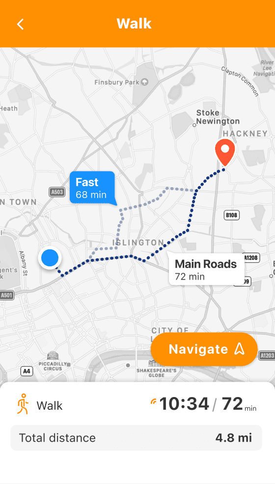 Screenshot of a map with a walking route to a hotel overlaid